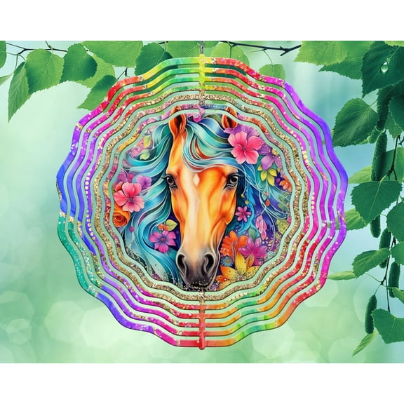 10 Inch Glitter Look Floral Horse Pony Farm Country Wind Spinner Yard Decor Aluminum Sublimated Garden Art Indoor Outdoor 3D Kinetic …