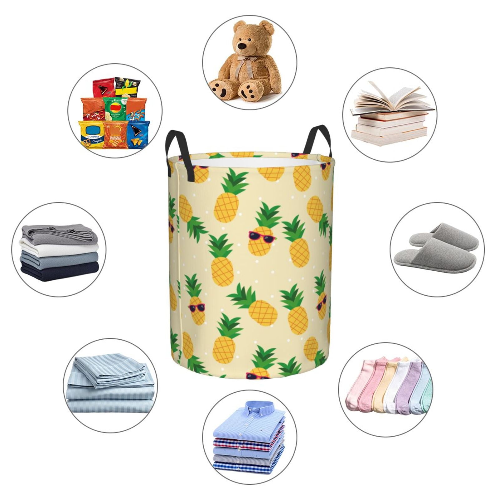 Large Laundry Basket with Handles - Cute Pineapple Sunglass Kids Baby Dirty Clothes Laundry Hamper for Bedroom Aesthetic