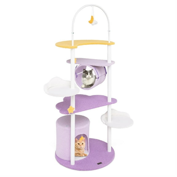 Demi Bonn 62" Modern Cat Tree with Toy, Cat Tower Condo for Indoor Cats with Cozy Condos, Metal Frame and Jumping Platforms, Purple