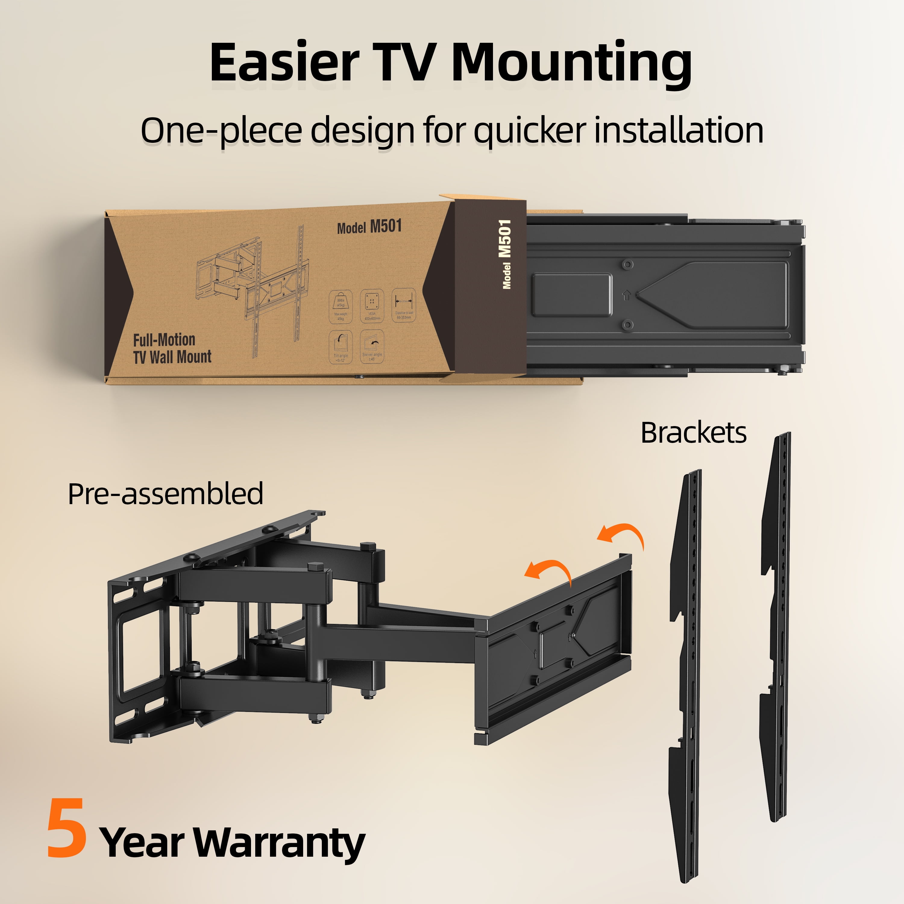 MountLiving Full Motion TV Wall Mount for 26-70" Screens, Articulating Bracket with Swivel,Tilt&Level, Max VESA 400x400mm, 99 lbs, Fits 12"/16" Studs