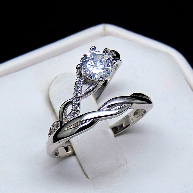 Twist Setting Diamond Wedding Band For Women - Sterling Silver 18K White Gold Plated - T Brand Quality