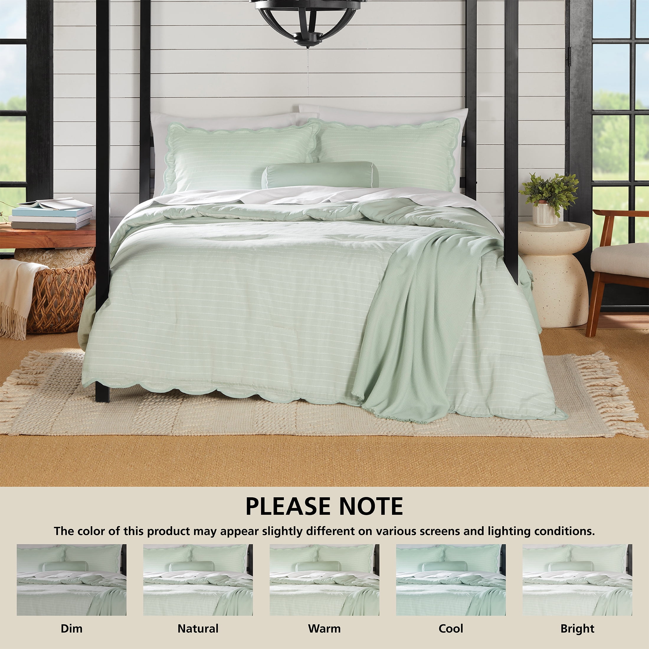 Mainstays King Comforter Set, All-Season, 5-Piece, Sage Pick Stitch Scallop