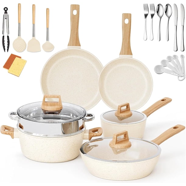 Juego de 22 Sartenes y Ollas Antiadherentes, Batería de Cocina: Sartenes, Wok, Ollas, Vaporera con Tapas de Vidrio. Espátulas de Silicona y Cubiertos, Blanco