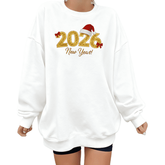 2026 Happy New Year Santa With bowknot Theme Graphic Cotton Tee T Shirt Tops Round-neck long-sleeved white S-3XL