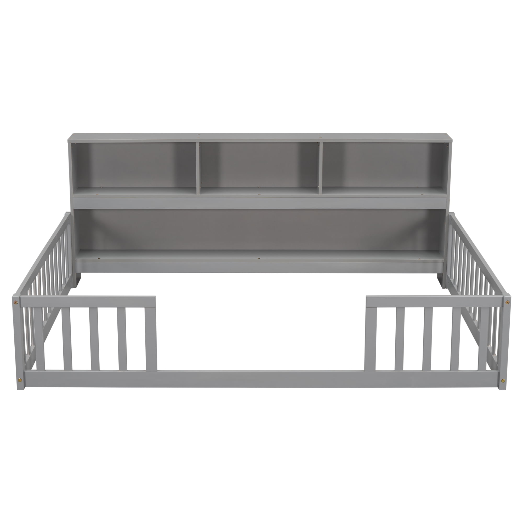 Leumius Full Floor Bed with Bedside Bookcase,Shelves,Guardrails for Boys Girls Grey
