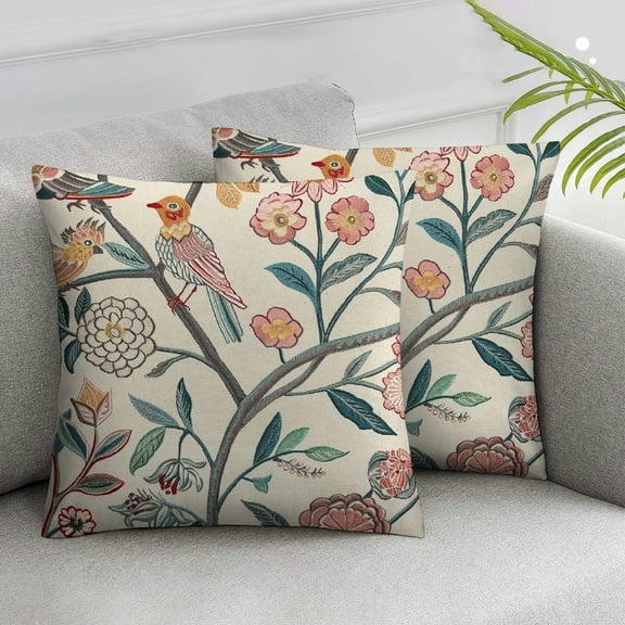 JRXY Vintage Bird Floral Pillow Covers Pink Green Yellow Flower Leaves Decorative Throw Pillows For Couch Chinoiserie Pillow Cases Farmhouse Home Decor For Sofa Bed Porch Outdoor,Set of 2 White