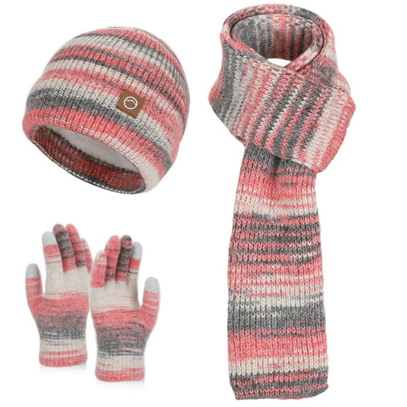 ZUKMRJPC Winter Hat Scarf Gloves Set for Women Women's Colorful Striped Warm Fleece Knitted Beanie Caps Touchscreen Gloves Long Scarf