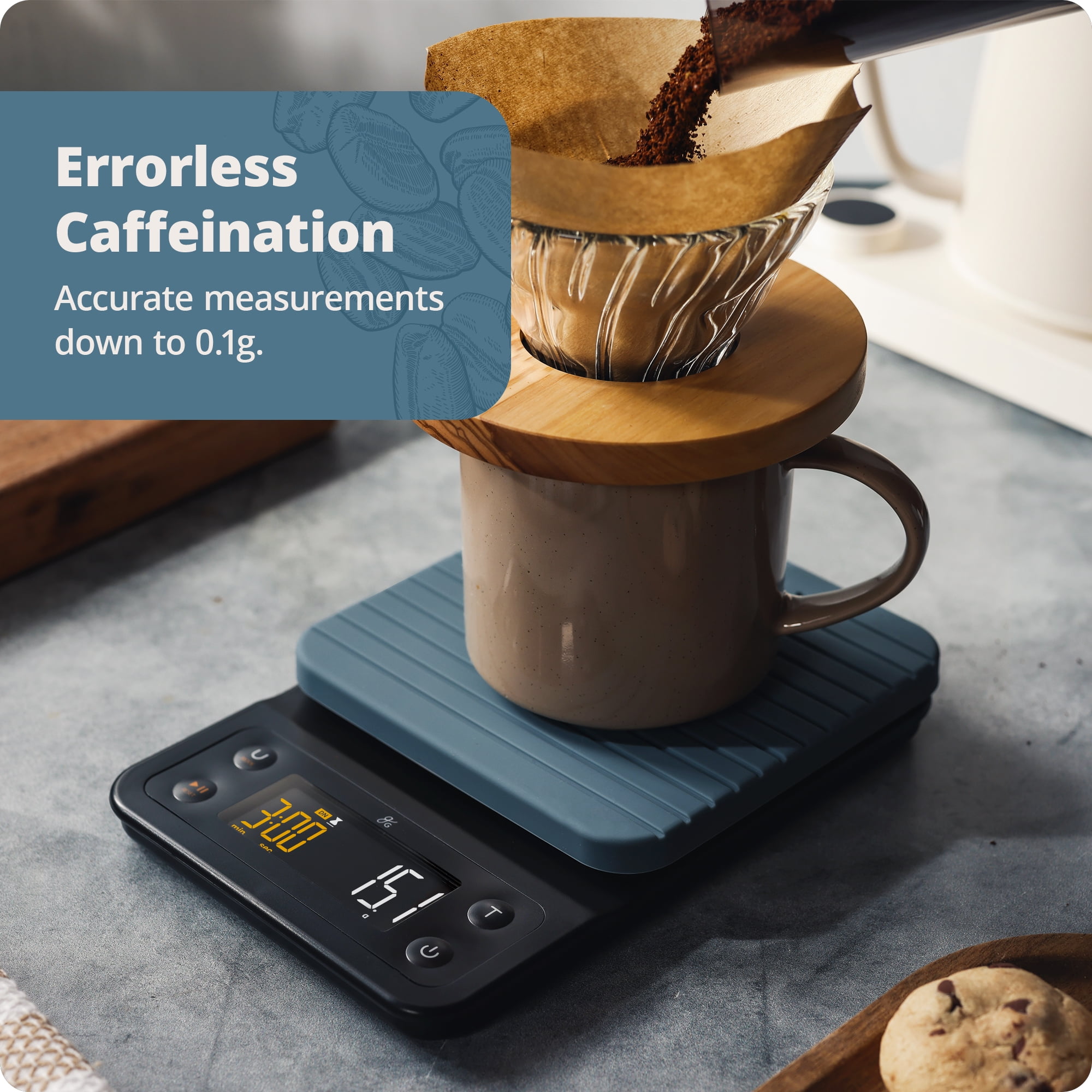 Greater Goods Coffee Scale with Timer, 0.1g Precision, 3kg Capacity, 6-Unit Digital Espresso & Pour-Over Scale, Silicone Waterproof Cover, Auto Shut-Off (Stone Blue)