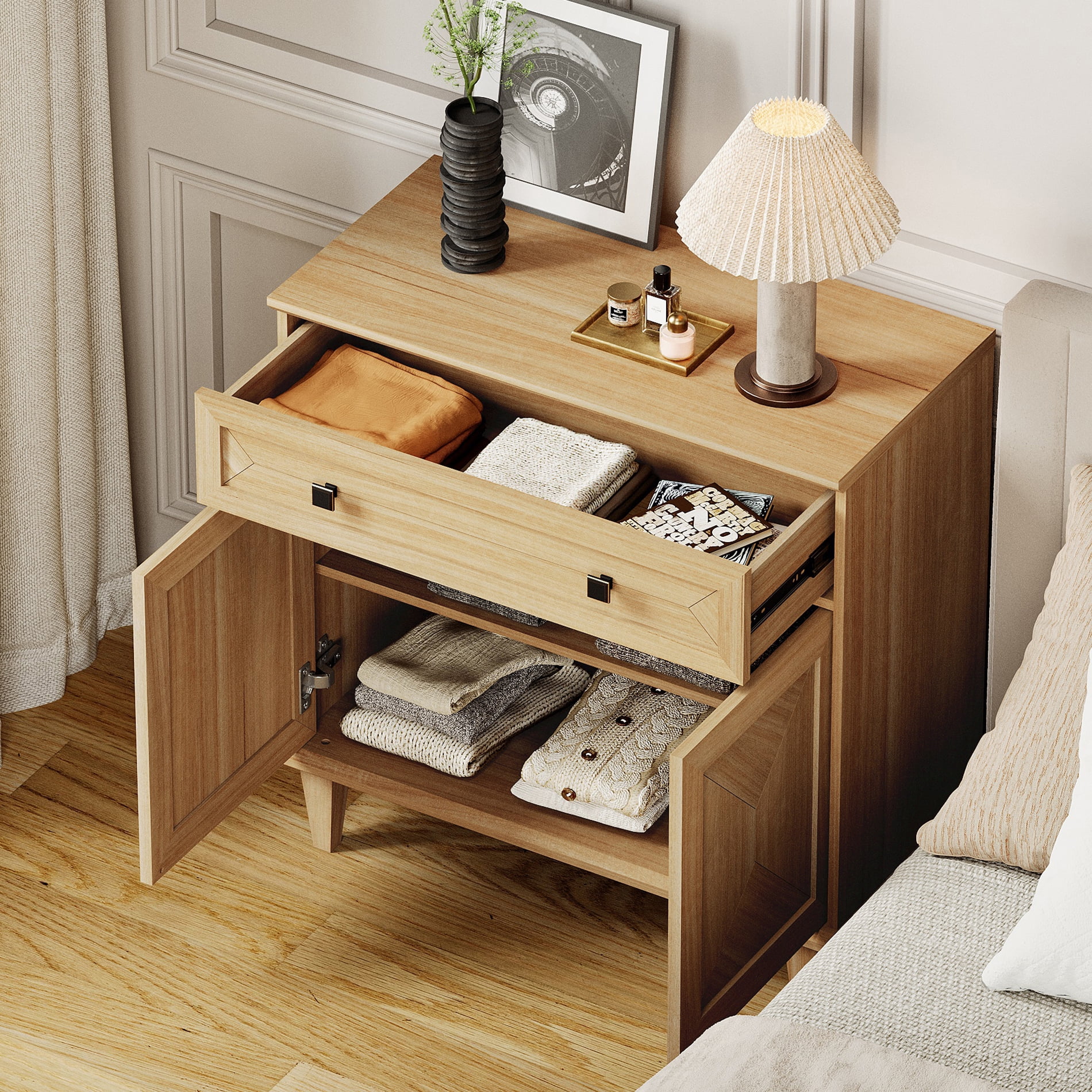 WAMPAT Handmade Patchwork Buffet Cabinet with Storage, Oak