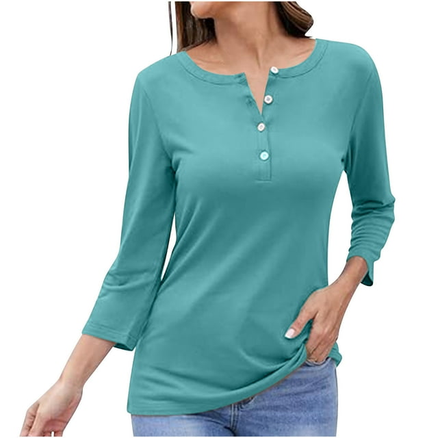 Yuyuzo Long Sleeve Tops for Women Notch V Neck Buttons Tunic Tops Solid Color Comfy Tee Shirts