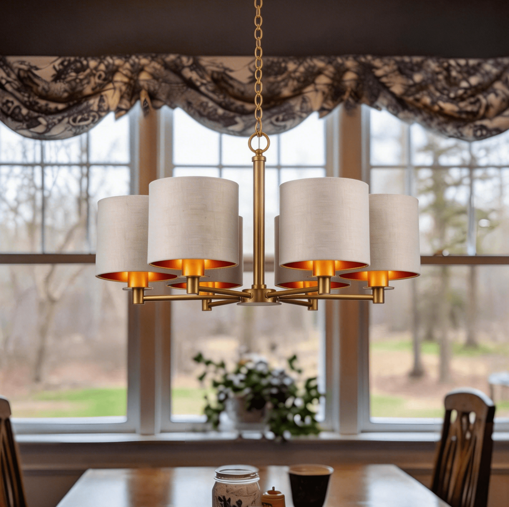 6-Light Modern Drum Chandelier Dining Room Pendant Light Fixture with Gray/Gold Fabric Shade for Kitchen, Island, Dining Room, Living Room