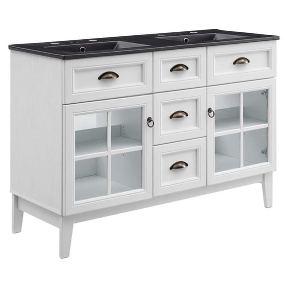 Modway Isle 48" Wood/Ceramic Double Bathroom Vanity Cabinet in White/Black