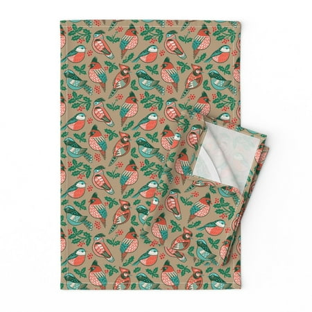 Gibson Christmas Dishes Holly Berry Holly Birds Retro Christmas Berry Linen Cotton Tea Towels by Roostery Set of 2 ()