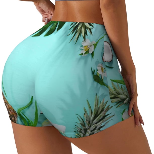 Balery Tropical Pineapple Pantalones cortos de entrenamiento estampados para mujer, sin costuras, ajustados, para gimnasio, yoga, correr, deportes, ejercicio activo, fitness.-XX-Large