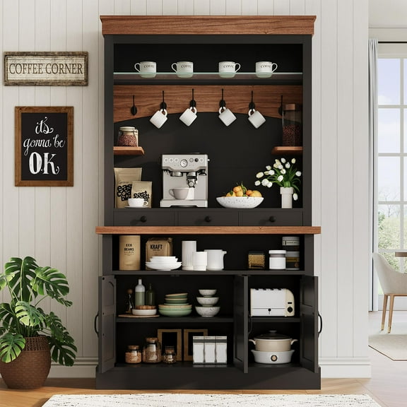 Farmhouse Coffee Bar Cabinet with LED Light,72" Tall Coffee Bar Hutch with Storage,Sideboard Buffet Cabinet with Microwave Stand/Glass Shelf/6 Hooks/3 Drawers for Kitchen Dining Room(ship in 2 boxes)
