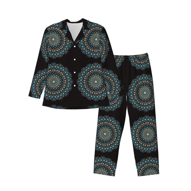 Balery Mandala Pijama para Hombre de Dos Piezas con Manga Larga, Conjunto de Dormir y Descanso Suave con Bolsillos-Large