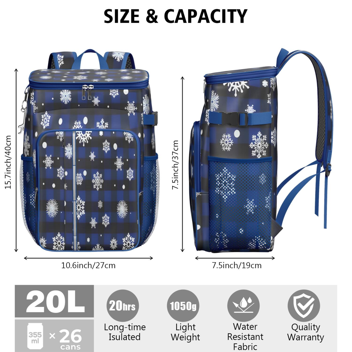 Travel Cooler Bag - Blue Christmas Snowflake Pattern Camping Beer Cooler Backpack with Bottle Opener- Waterproof Insulated Picnic Backpacks - Cooler Bag for Beach