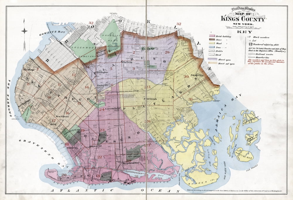 Map Brooklyn 1890 Nmap Of Kings County New York Lithograph 1890 Poster Print by Granger