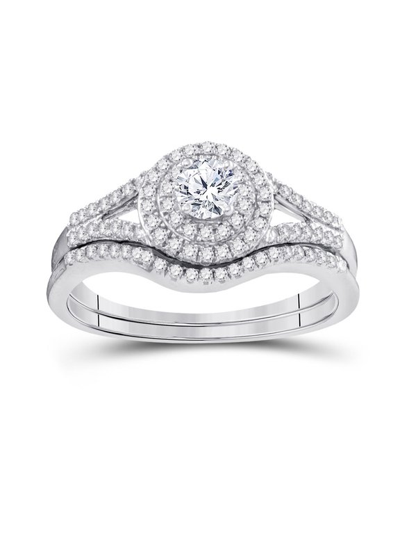 10k White Gold Round Diamond Concentric Halo Bridal Wedding Ring Band Set 1/2 Cttw