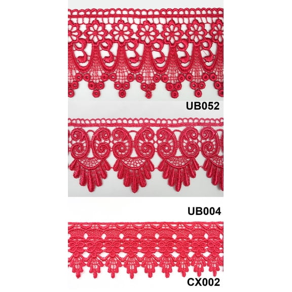 3" Crimson Red Floral Embroidered Venice Lace Trim Guipure Trimming By Yard