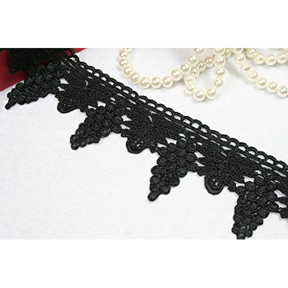 2.75" Embroidered Floral Black Blue Green Gray Pink Ivory Gold by Yard (Black)