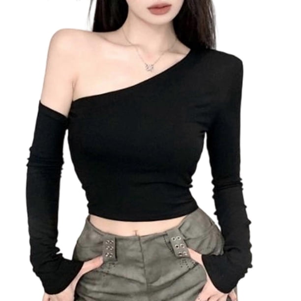 Women's Off Shoulder Long Sleeve T-Shirt Polyester Fabric Slim Fit Solid Color Crop Top for Parties and Fashion Event Yellow XL