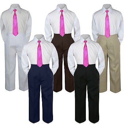 

3pc Fuchsia Hot Pink Tie Suit Shirt Pants Set Baby Boy Toddler Kid Uniform S-7