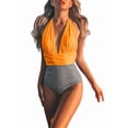 thumbnail image 2 of Women One-Piece Swimsuit Front Ruched Leopard Tummy Control High Waist Halter Lace Up Bikini Dress Orange L, 2 of 9