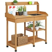Topeakmart Potting Bench Table with Removable Sink Drawer Shelves for Outdoor, Natural Wood
