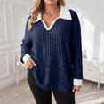 thumbnail image 4 of zaveiop Women Plus Size Casual Knit Sweater Lapel V Neck Solid Color Tops Lightweight Long Sleeve Blouses (Dark Blue, 4XL), 4 of 8
