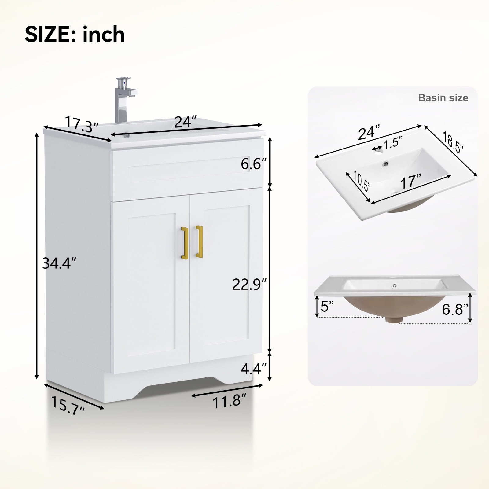 KZElegy 24" Bathroom Vanity with Sink Wooden Double Door Bathroom Storage Cabinet,Freestanding Cabinet Vanity with Ceramic Sink,White
