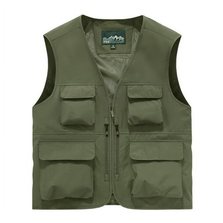 SSAAVKUY Men s Summer Multi-Pocket Vest Lightweight Breathable Sleeveless Photographer s Waistcoat Travel Safari Fishing Vest Army Green 8