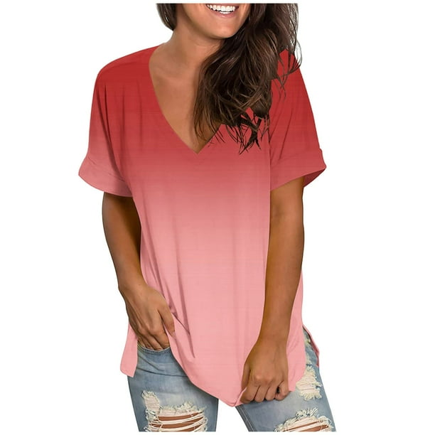 Camisetas con Cuello en V Mujeres Camiseta Suelta de Manga Corta con Cuello en V, Cómoda Camiseta Diaria