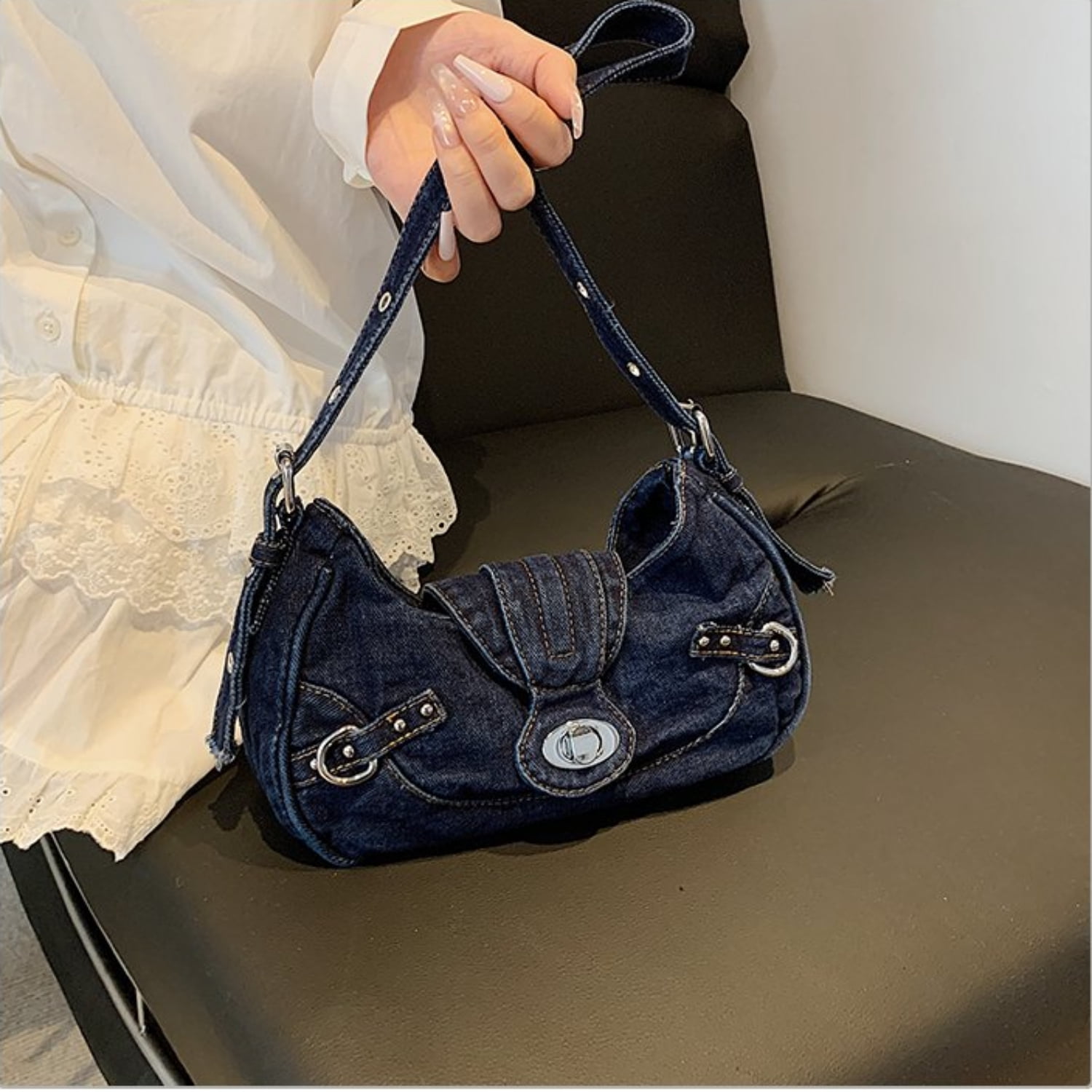 Women's Denim Crescent Shoulder Bag - Y2K Vintage Hobo Handbag, Trendy Mini Crossbody Purse for Girls, Casual Satchel with Adjustable Strap