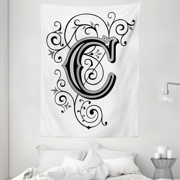 Letter C Tapestry, Victorian Inspired Gothic Style Capital C Vintage Feminine Floral Branches, Wall Hanging for Bedroom Living Room Dorm Decor, 60W X 80L Inches, Black Grey White, by Ambesonne