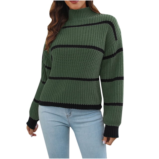 IROINID Chandail à Col Roulé pour Femmes Rayures Confortable Mi-Longueur Manches Longues Blouse Aguichant Froncée