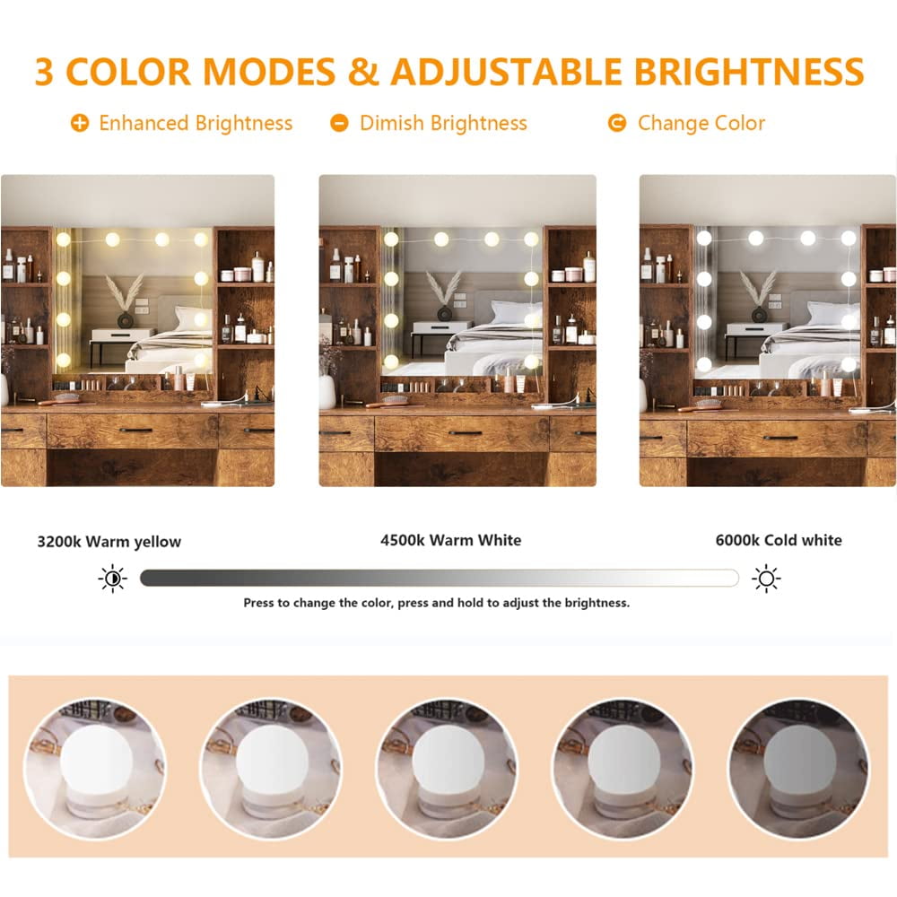 Veanerwood Adult Modern Makeup Organizer Charging Station and LED Lights Table Set White and Brown
