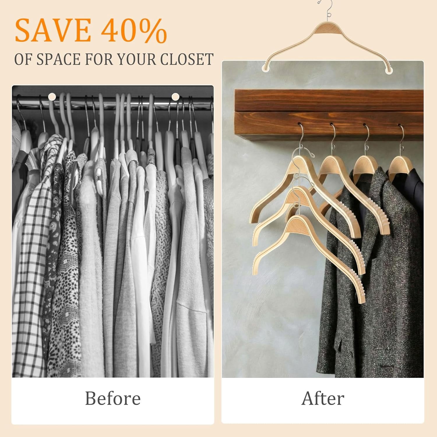 Slim Natural Wood Hangers with 360 Swivel Hook, Vertically Stackable Wooden Hangers with Non-Slip Rubber Grips No Shoulder Bump for Sweater, Camisole, Jacket, Dress, Coat