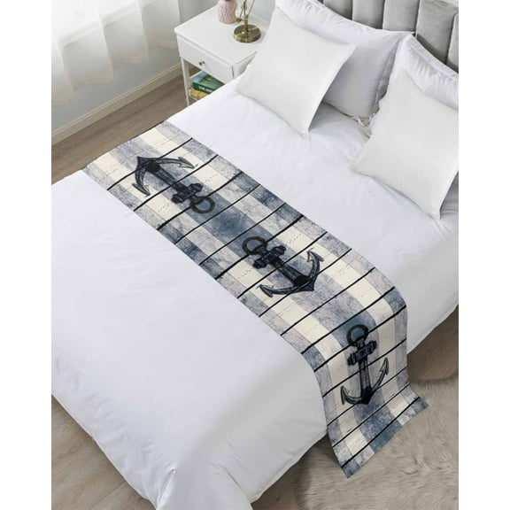 Navy Blue Nautical Bed Runner for Cal. King Size Bed, Coastal Blue Striped Vintage Bedspread Protector Slipcover Bed Scarf for Foot Bed Runners & Scarves for Bedroom Hotel Wedding Room 94x20 Inches