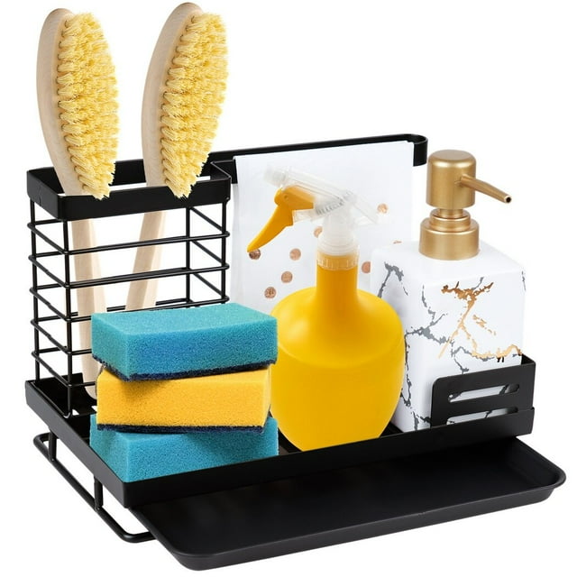 Kitchen Sink Caddy Organizer, Washing up Caddy with Removable Drip Tray, Sponge Holder and Cloth Hanger for Kitchen Sink, Carbon Steel Storage Rack for Kitchens, Bathrooms