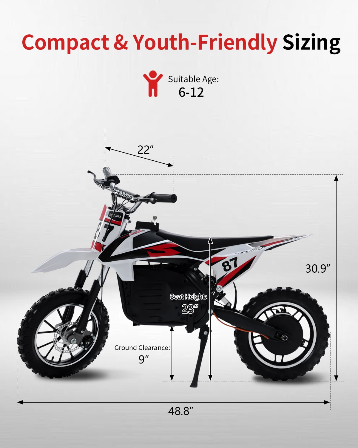 36V Kids Electric Dirt Bike for Ages 6–12, 500W Youth Off-Road Motorcycle, 17 mph, 3-Speed Modes, 7.8Ah Removable Battery, Suspension & Disc Brakes