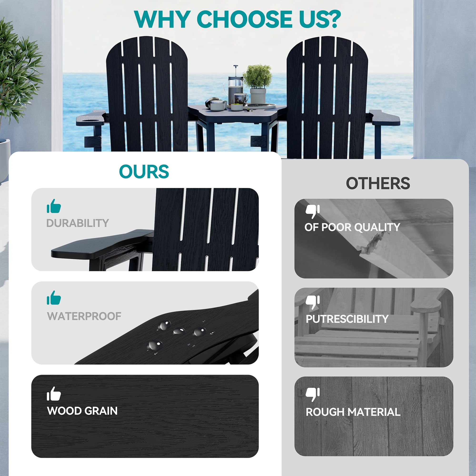 Walsunny Adirondack Chairs Set of 2 HDPE Outdoor Chair Set with Connecting Tray Cup Holder Removable Tabletop Pull-Out Footrest,All-Weather HDPE Outdoor Chair Set,Black