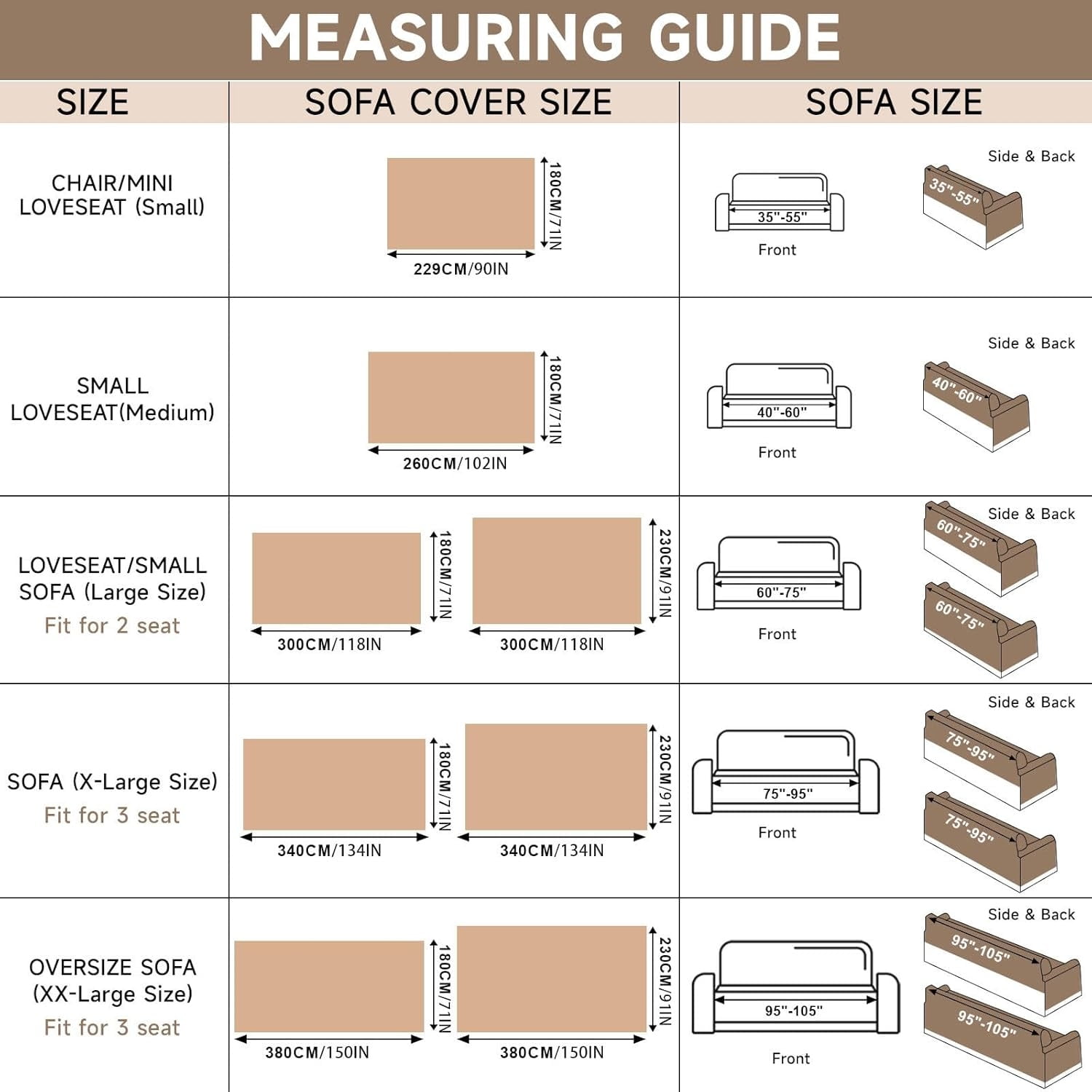 Couch Cover Sofa Covers, Khaki Couch Covers for Sectional Sofa Washable Breathable Love Seat Couch Covers for 2 Cushion Couch Living Room Furniture Protector, 71''x118''