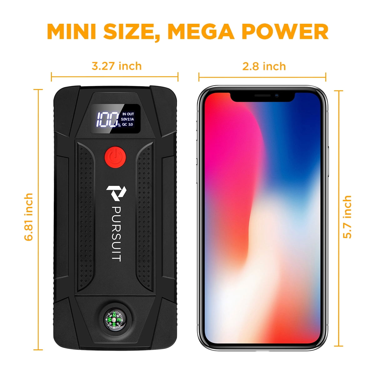 Pursuit 5000A Car Jump Starter for Travel, Compact 12V Lithium Battery Booster Jump pack with 3 Modes Flashlight for 8.0L Gas and 2.0L Diesel Engines, Ultrasafe Jump Box Power Bank