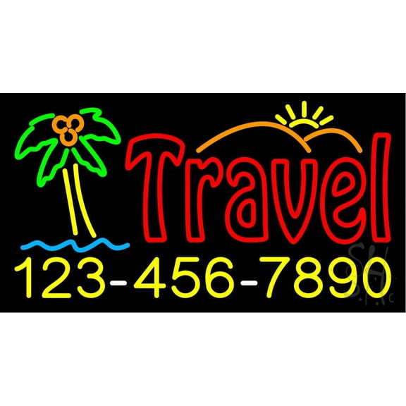 Travel with Phone Number LED Neon Sign 13 x 24 - inches, Black Square Cut Acrylic Backing, with Dimmer - Bright and Premium built indoor LED Neon Sign for Décor, Travel agency, Storefront.