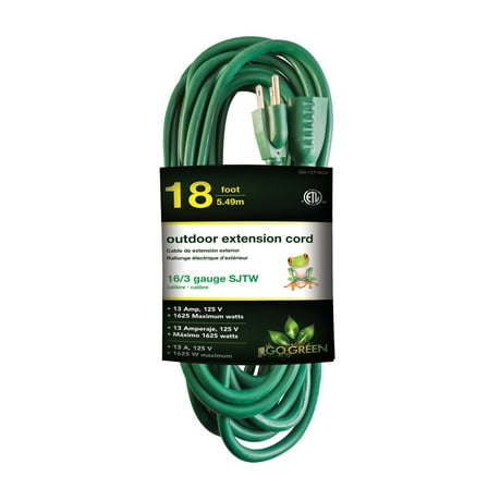 GoGreen Power GG-13718GN 16/3 18' Heavy Duty Extension Cord, Outdoor Extension Cord, Green, 18 Ft