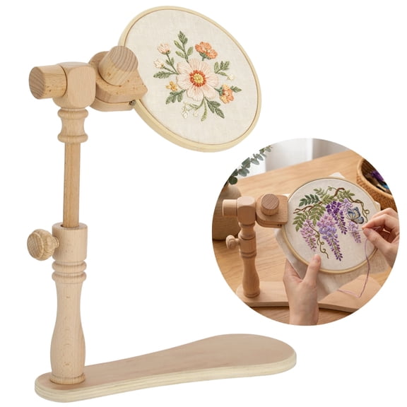 Beech Wood Cross Stitch Hoop Holder, 360° Rotatable Embroidery Stand with 6.3 in Wood Hoop & Adjustable Height Extender, Embroidery Cross Stitch Frame for Needlework, Craft, DIY, Sewing
