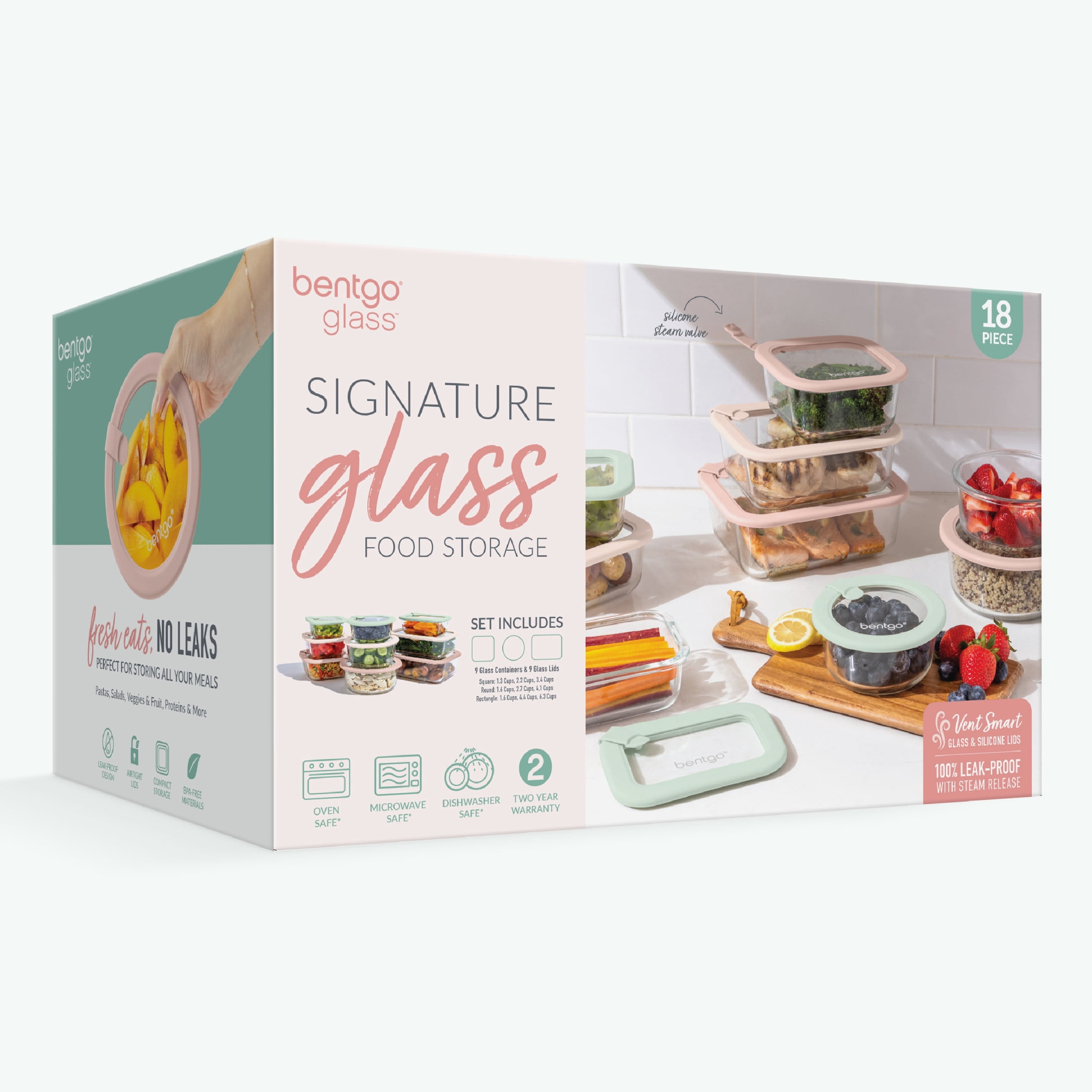 Bentgo Signature Leak-Proof Glass Food Storage - 18-Piece Set, 1-Compartment Plastic-Free Containers with Airtight Glass Lids, BPA-Free, Microwave, Freezer, Oven & Dishwasher Safe (Desert Sage)