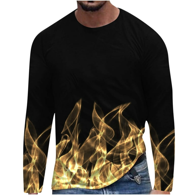 Mens Long Sleeve Shirts, 3D Fire Graphic Printed Crewneck Tee Tops