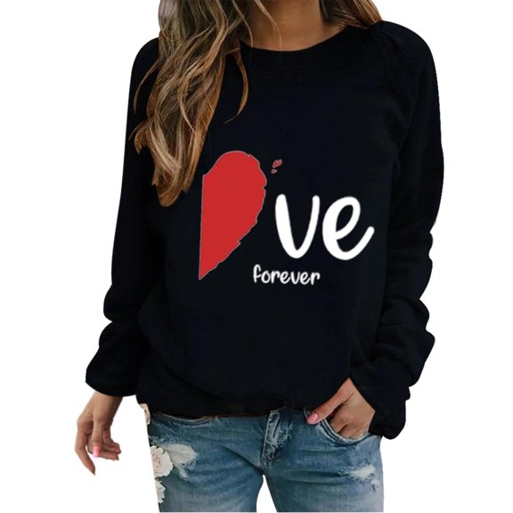 hcuribad Womens Long Sleeve Tops Shirts for Women 2024 Valentine's Day Sweatshirt Cute Heart Shaped Printed Pullover Crewneck Long Sleeved Shirt Spring/Autumn Crewneck Sweatshirts Womens Tops Black L